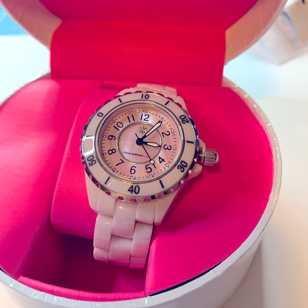 Isaac Mizrahi Live! Ceramic Watch with Mother-of-Pearl Dial Blush Pink